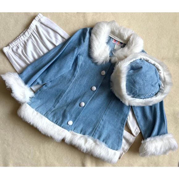 Vintage 90s Joy Kid Leggings Jacket & Hat Set Girls 8 Blue White Faux Fur Trim - Picture 1 of 5